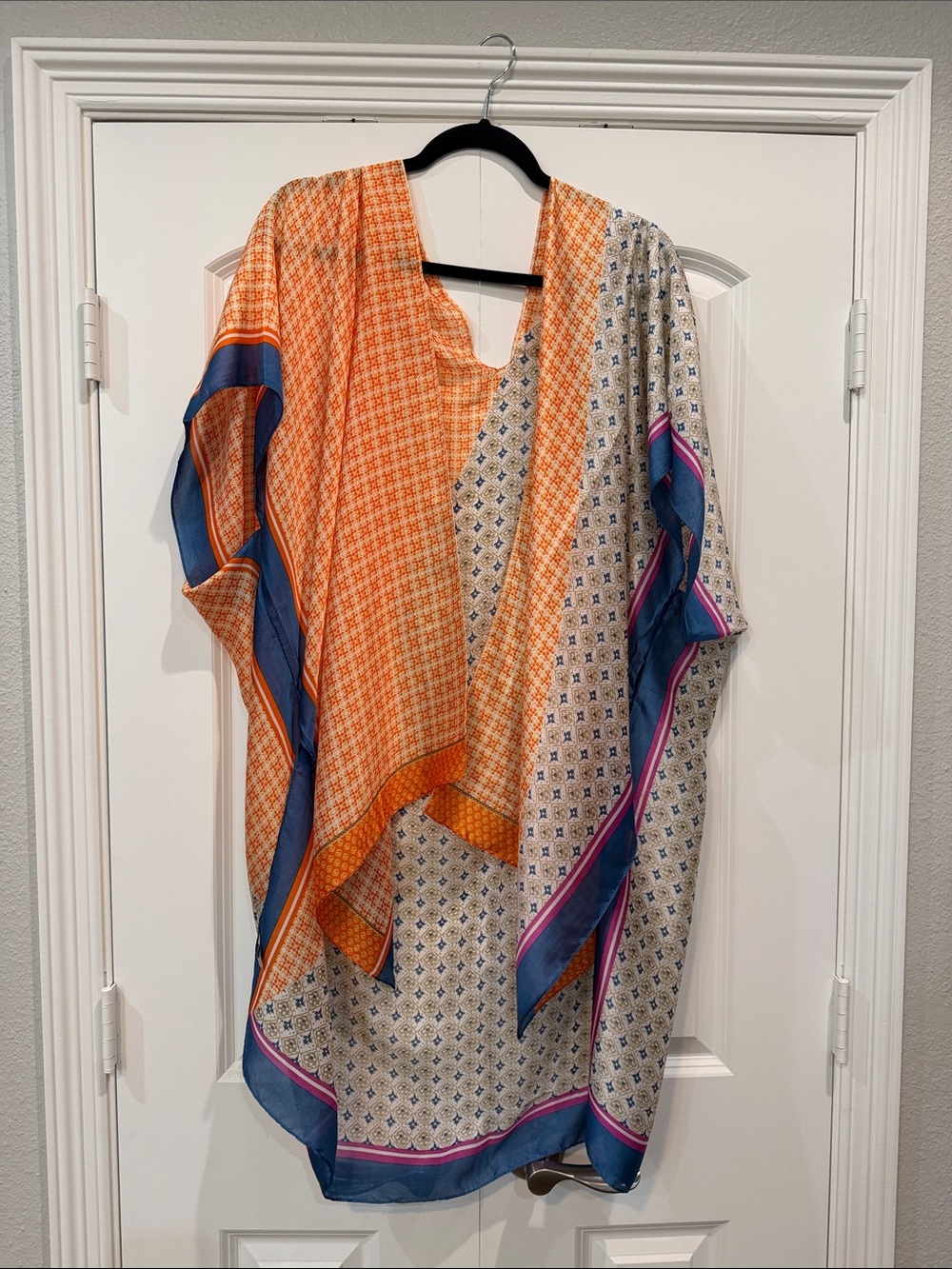 Women's Orange & Blue Patterned Swim Coverup Kimono